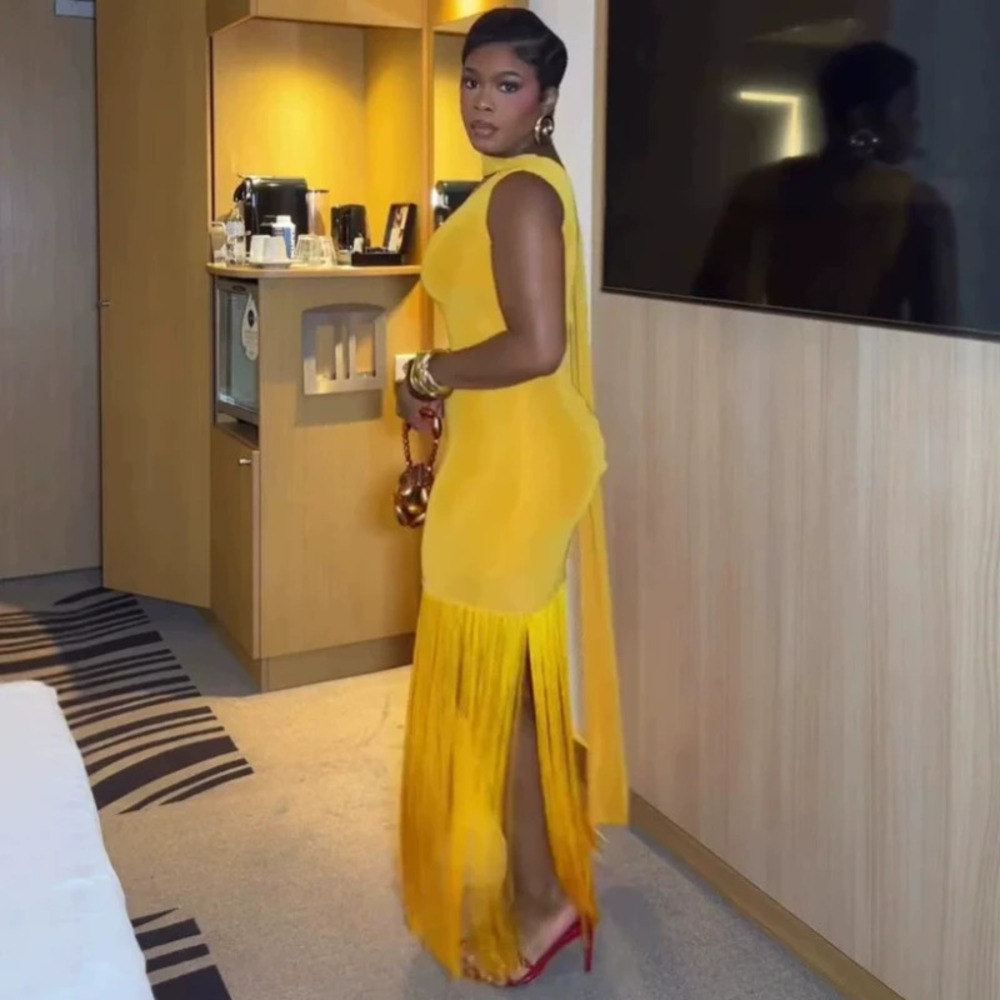 African Design Off Shoulder Fringe Patchwork Evening Gown Elegant Sensual